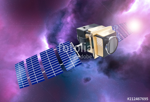 artificial satellite concept 3D rendering in the space purple ne